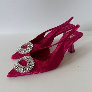 Zara Pink Leopard Print Kitten Heel Slingbacks Crystal Detail Size 41